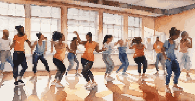 A group of diverse dancers practicing hip-hop moves in a bright studio, with mirrors reflecting their energetic poses and a sense of camaraderie.
