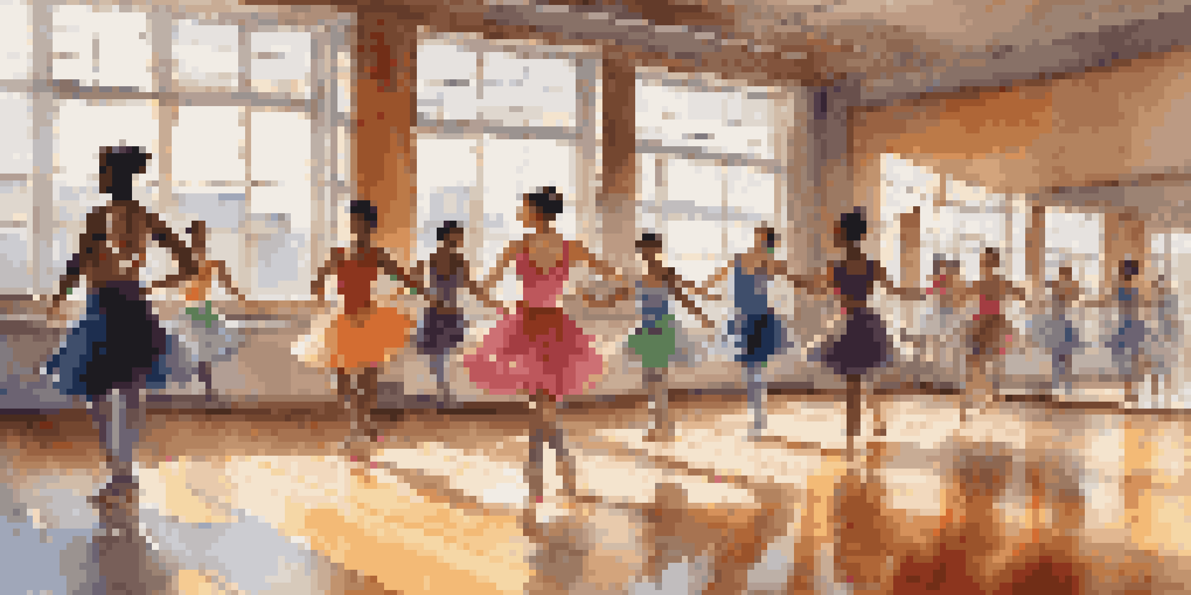A diverse group of dancers practicing in a sunlit dance studio, showcasing various styles and vibrant attire.
