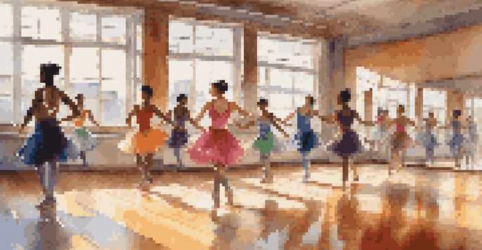 A diverse group of dancers practicing in a sunlit dance studio, showcasing various styles and vibrant attire.