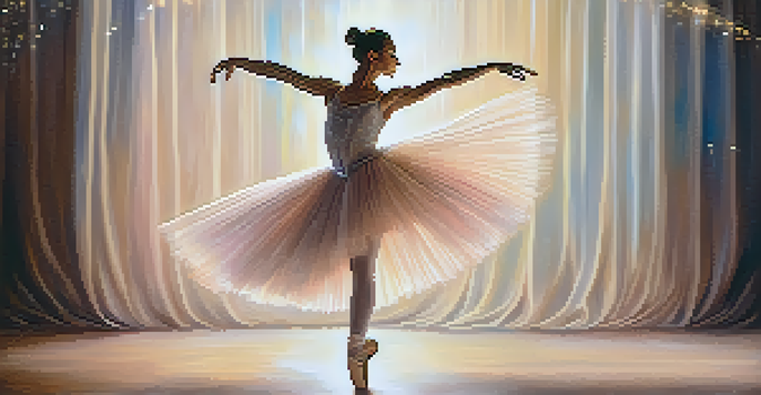 A ballet dancer in mid-pirouette, dressed in a tutu, with a soft pastel background and stage lighting.