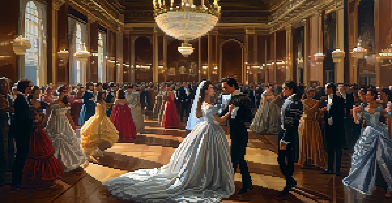 An elegant ballroom with characters in masquerade costumes dancing gracefully under chandeliers.