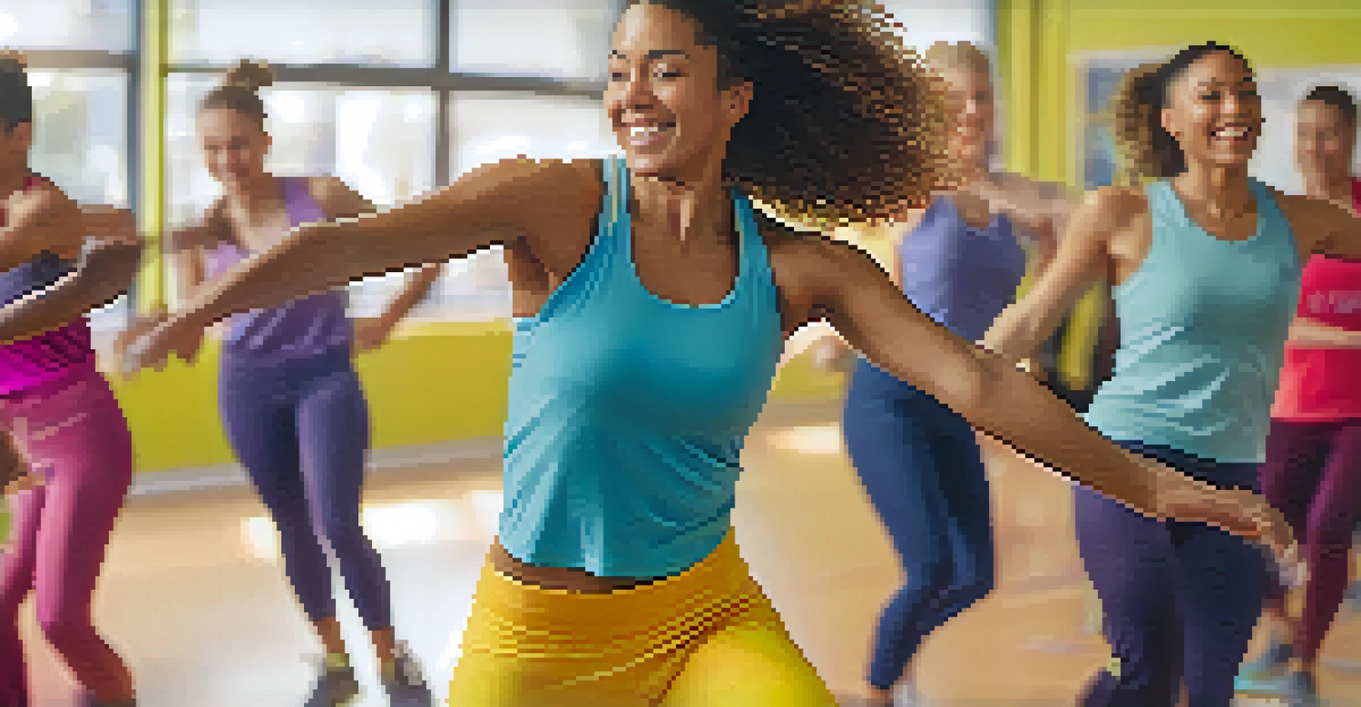 A smiling employee in colorful workout attire practicing dance moves during a fitness class, with warm lighting enhancing their joyful expression.