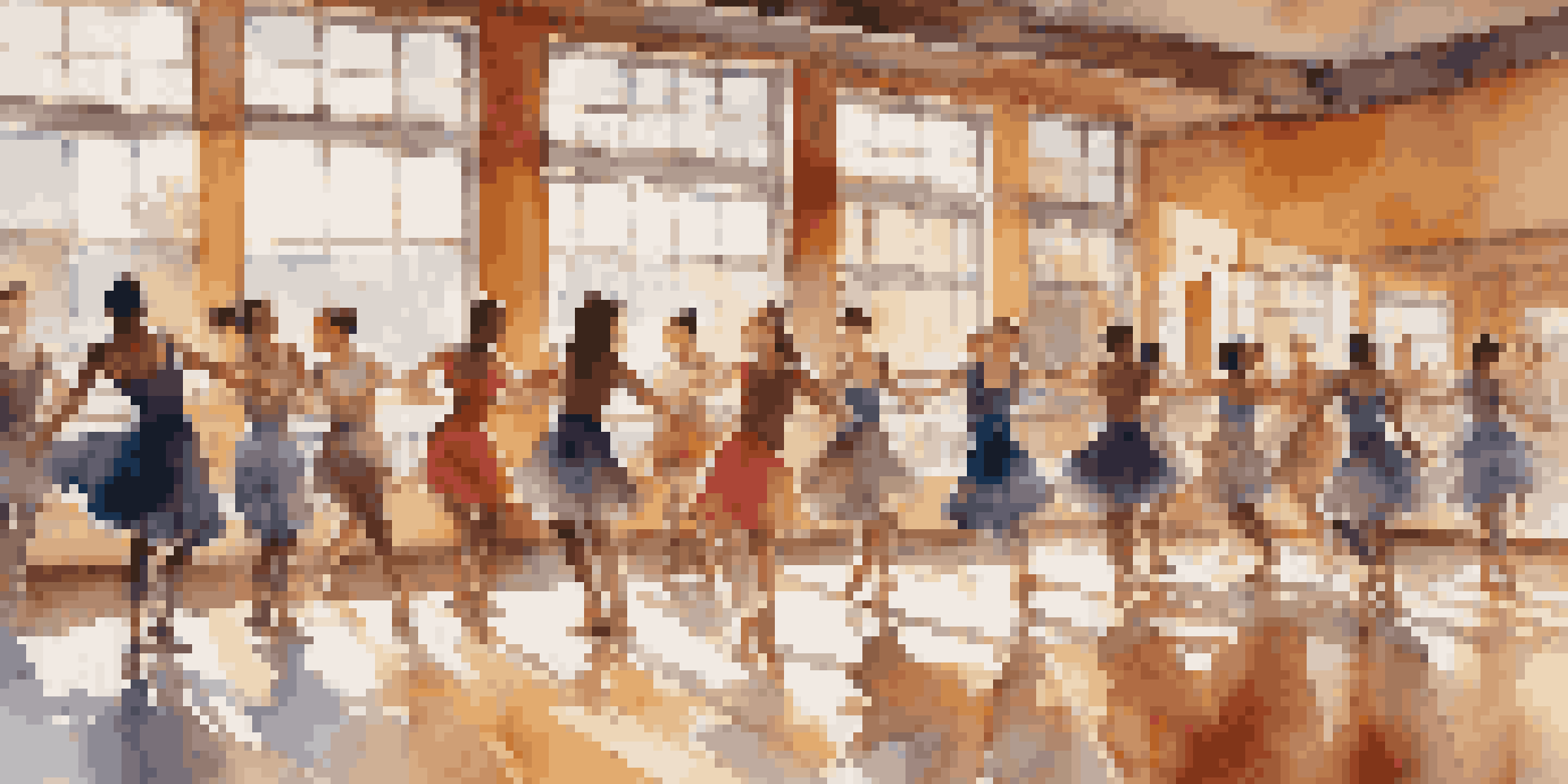 A lively dance studio with diverse dancers performing a mix of structured and free movements, illuminated by sunlight from large windows.