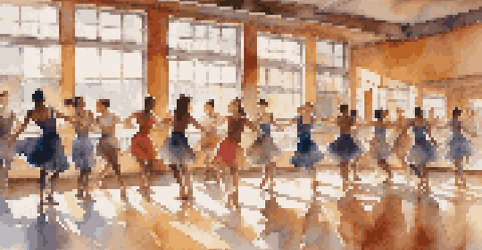 A lively dance studio with diverse dancers performing a mix of structured and free movements, illuminated by sunlight from large windows.