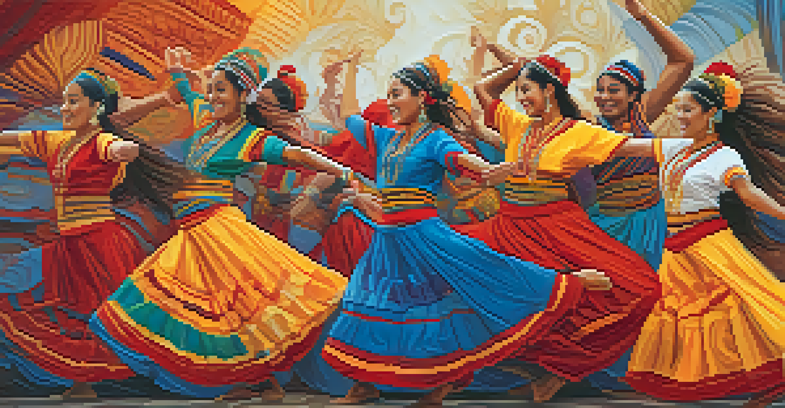 A colorful mural of traditional dancers from different cultures, showcasing vibrant attire and dynamic poses.