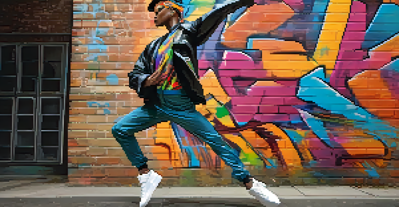 A contemporary dancer in an urban environment, striking a dynamic pose against a graffiti backdrop.