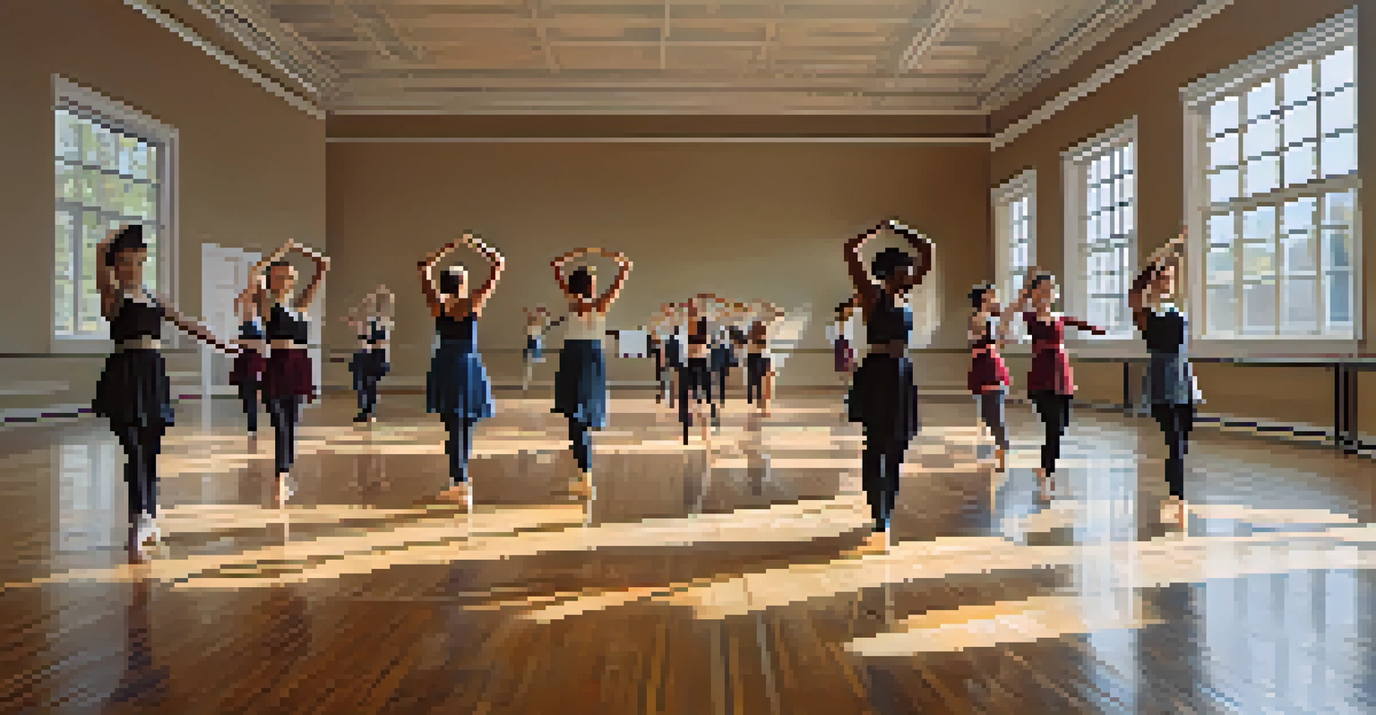 Dancers rehearsing collaboratively in a bright dance studio, with mirrors and wooden floors, showcasing focus and teamwork.