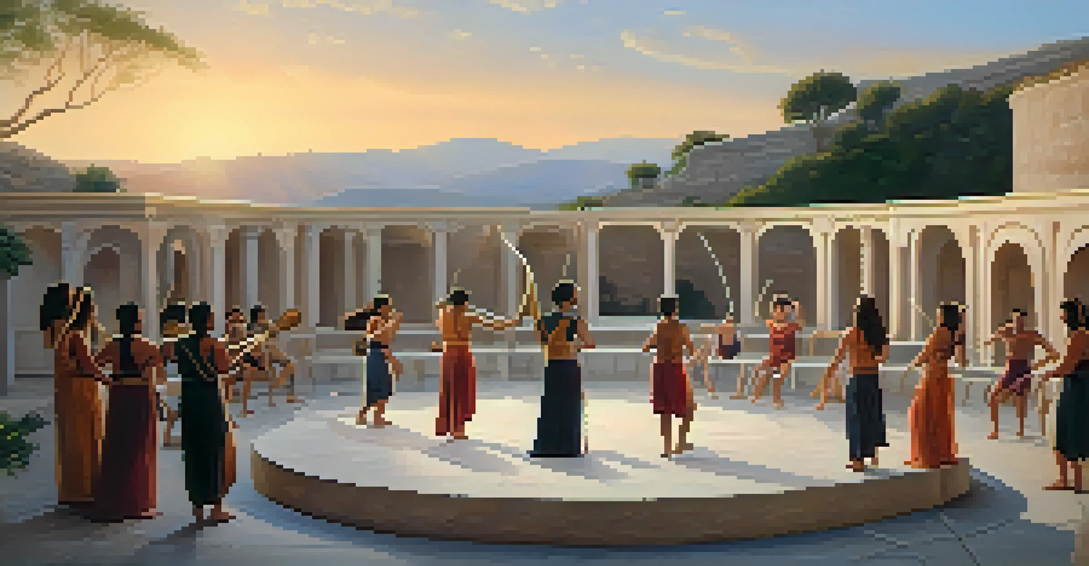 Musicians playing ancient Greek instruments while dancers perform ecstatically in an open amphitheater during dusk, creating a magical atmosphere.