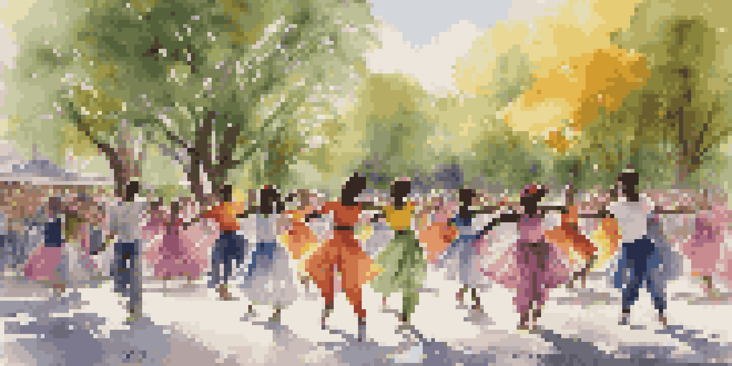 A diverse group of young dancers performing in an urban park, dressed in colorful clothing, with onlookers in the background.