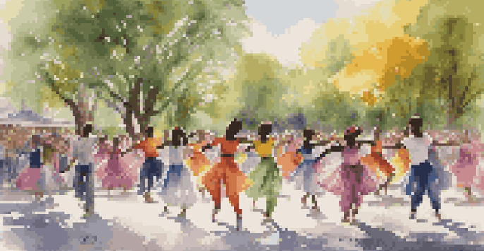 A diverse group of young dancers performing in an urban park, dressed in colorful clothing, with onlookers in the background.