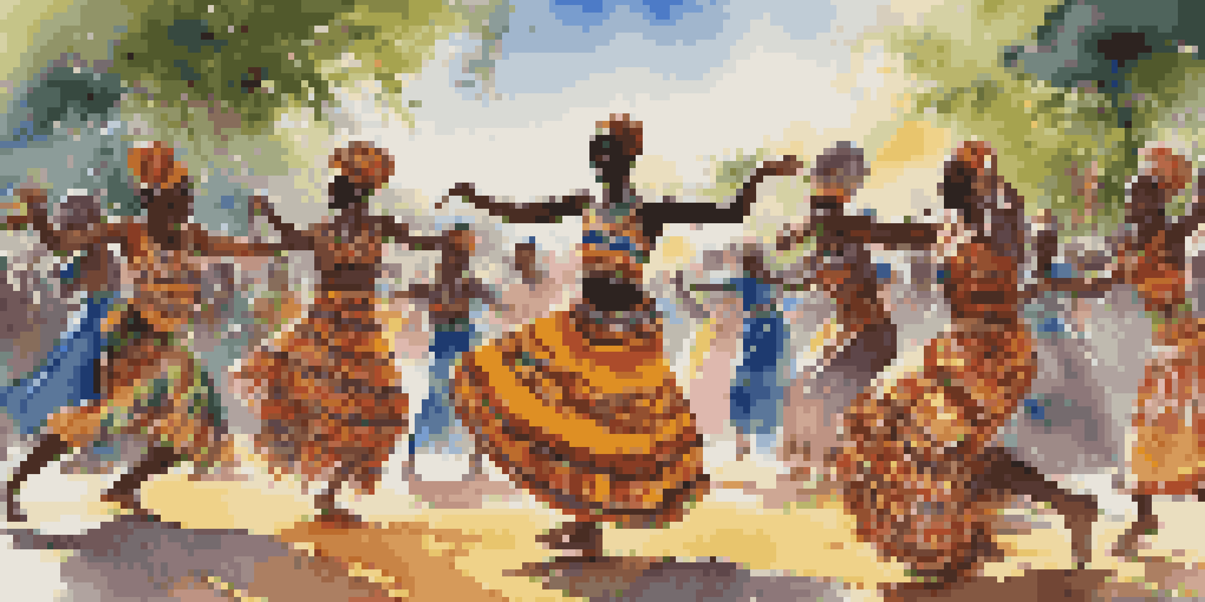 A lively West African dance performance with dancers in colorful traditional clothing, surrounded by greenery and a bright sky.