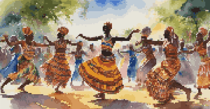 A lively West African dance performance with dancers in colorful traditional clothing, surrounded by greenery and a bright sky.