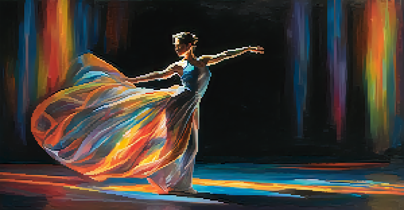 A solo dancer performing on stage, surrounded by colorful lights, conveying emotion and capturing the audience's attention.
