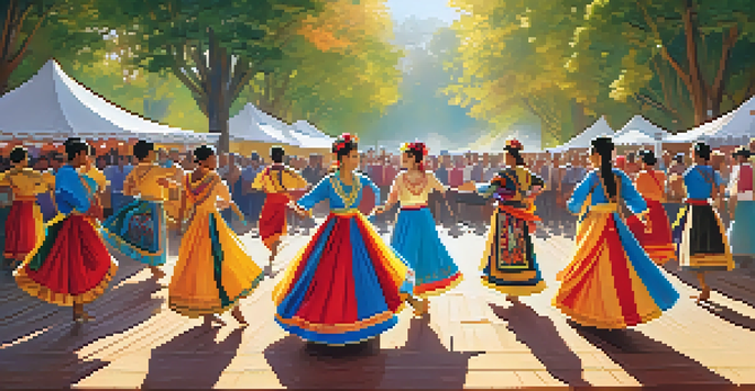 A lively group of dancers in traditional costumes performing at a cultural festival, surrounded by an enthusiastic crowd and colorful decorations under warm sunlight.