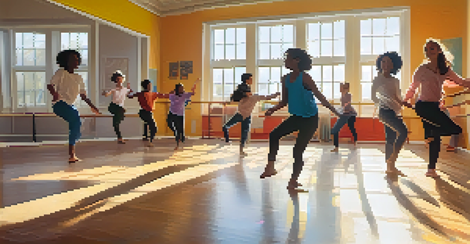A colorful dance therapy session with diverse youth dancing joyfully in a bright studio with sunlight filtering through windows.