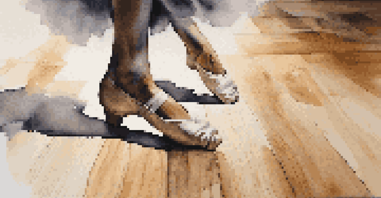 A close-up of a dancer's feet in motion on a wooden floor, highlighting intricate footwork and worn shoes.