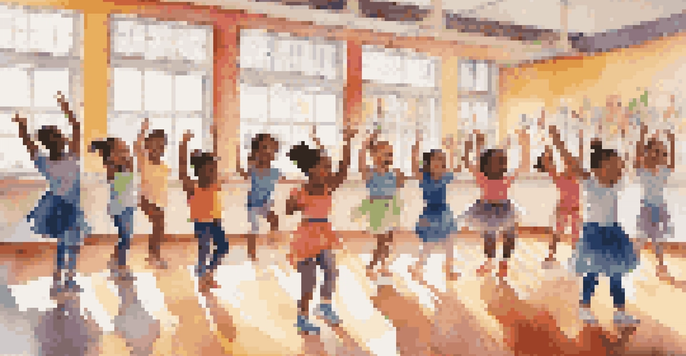 A diverse group of children participating in a joyful dance workshop, with colorful decorations and warm sunlight illuminating the room.