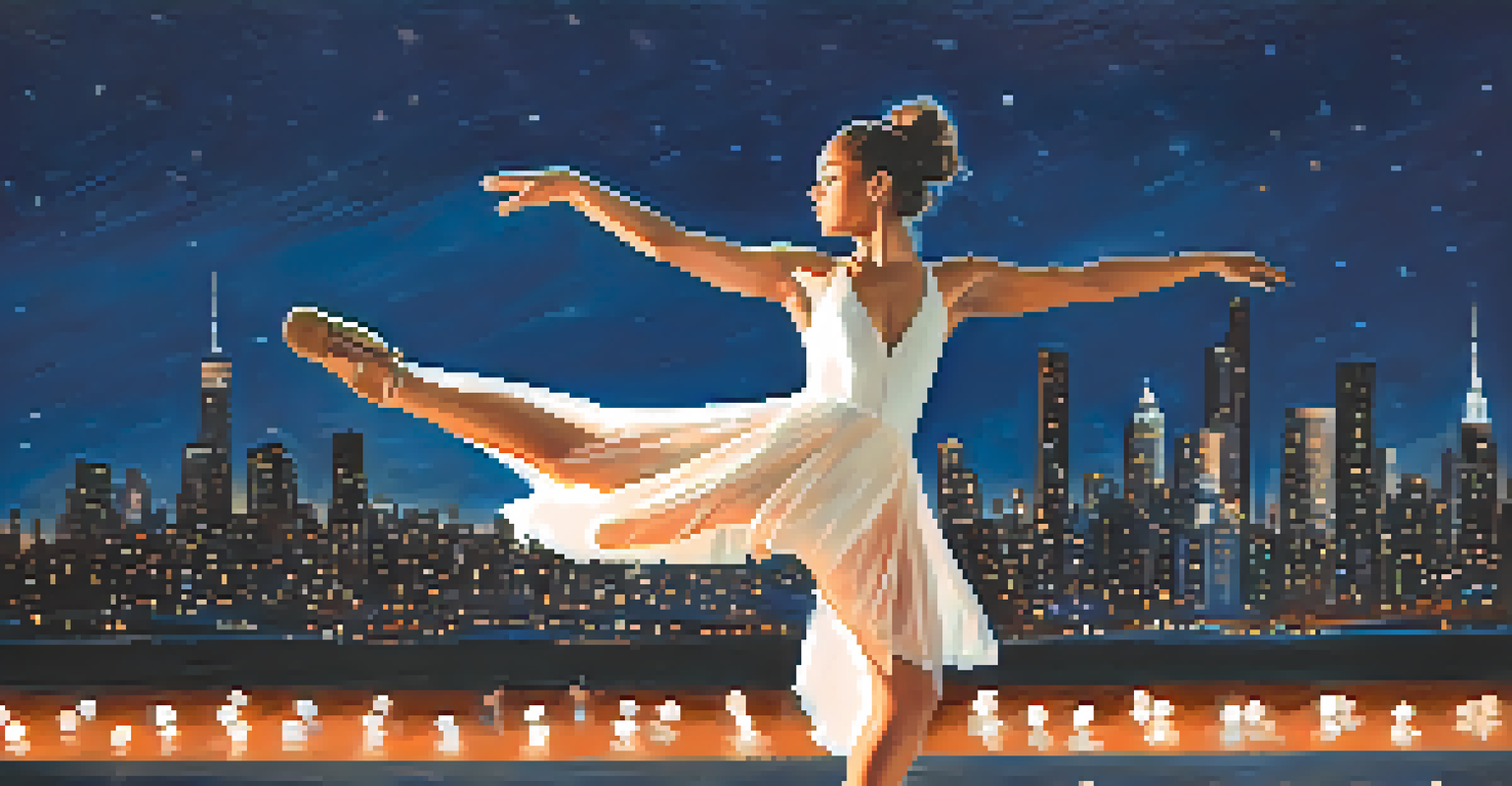 A solo dancer performing in an outdoor setting at dusk, with a city skyline and colorful sky in the background.