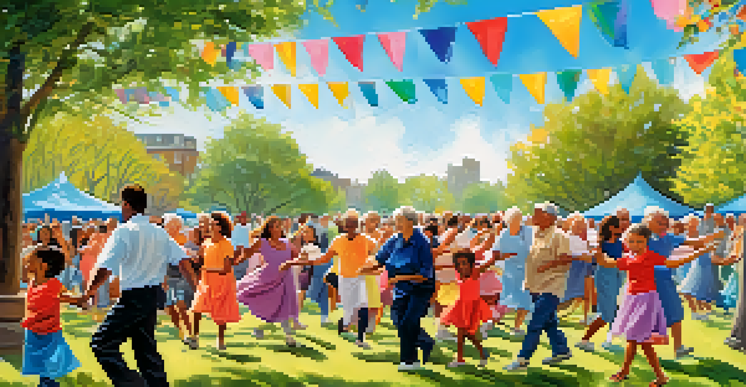 A joyful outdoor intergenerational dance event in a park with people of all ages dancing together under a bright blue sky.