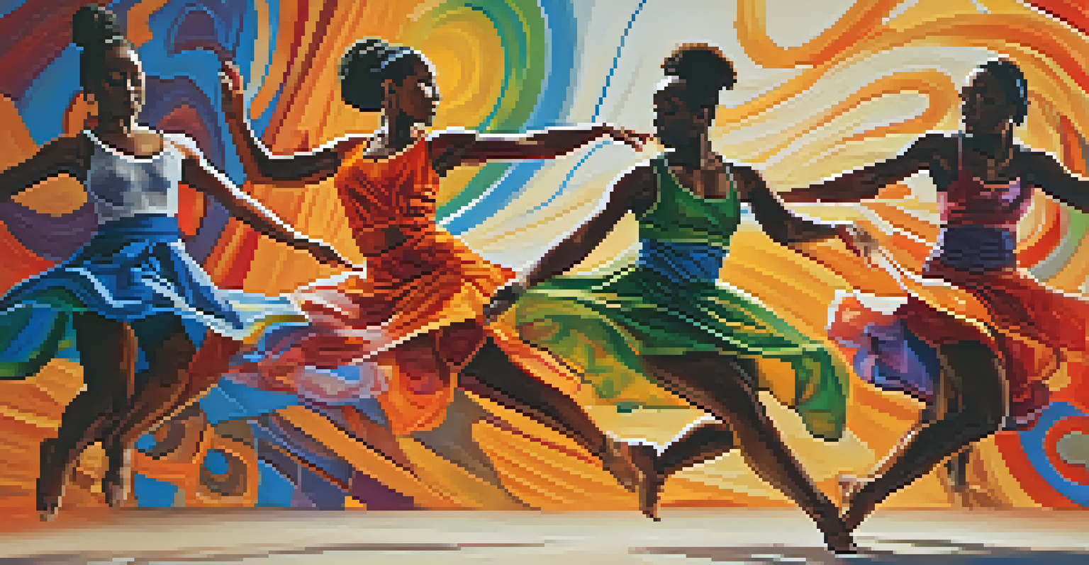 A dancer mid-air in a vibrant contemporary performance blending African dance with modern styles, against an abstract background.