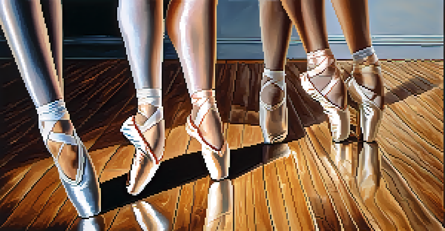 Close-up of a ballet dancer's feet showcasing the five positions of ballet on a wooden floor.