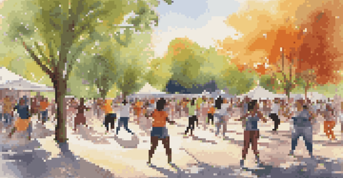 A diverse group of people of various ages dancing together in a sunny urban park, surrounded by colorful decorations and art.