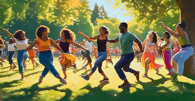 A lively outdoor dance workshop with participants from various backgrounds dancing together in a park, surrounded by trees and colorful decorations.
