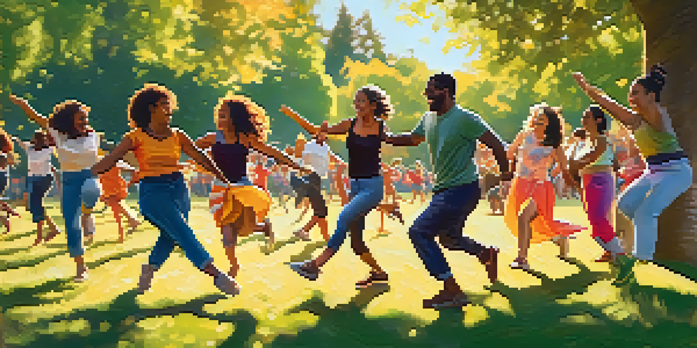 A lively outdoor dance workshop with participants from various backgrounds dancing together in a park, surrounded by trees and colorful decorations.