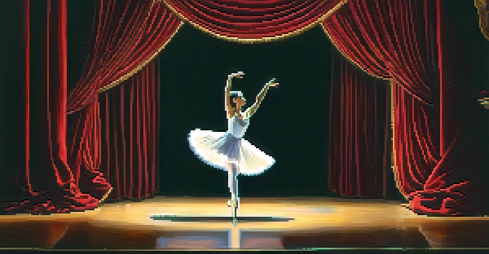 A ballet dancer in a white tutu performing on stage with red velvet curtains in the background, illuminated by a spotlight.