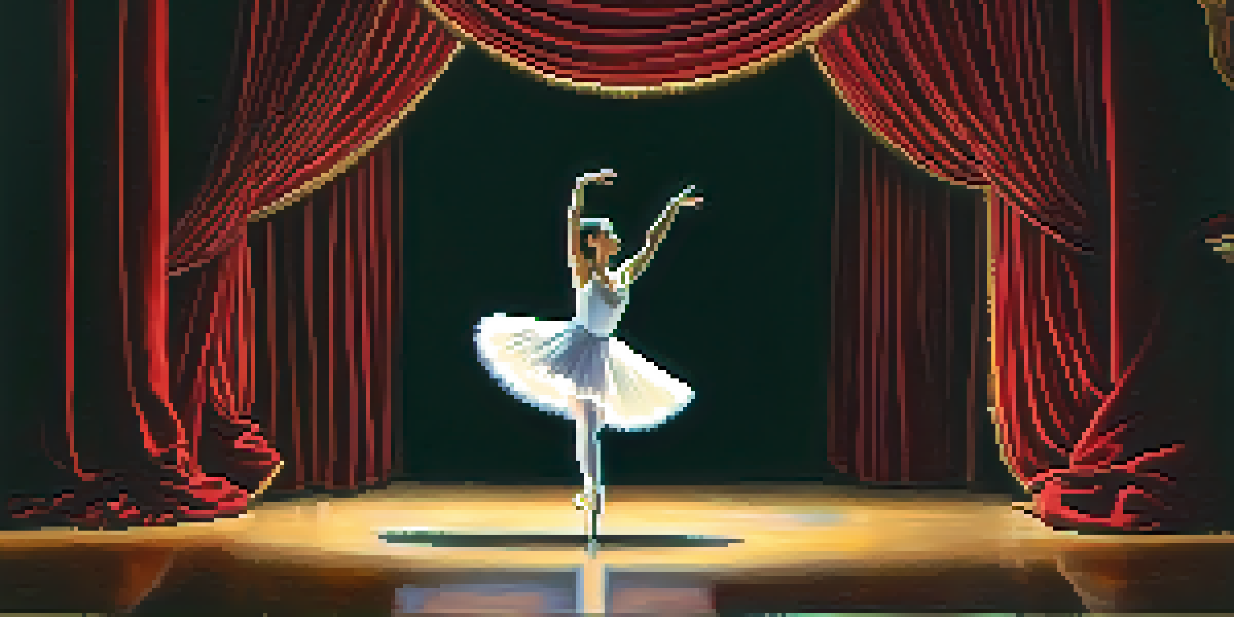A ballet dancer in a white tutu performing on stage with red velvet curtains in the background, illuminated by a spotlight.