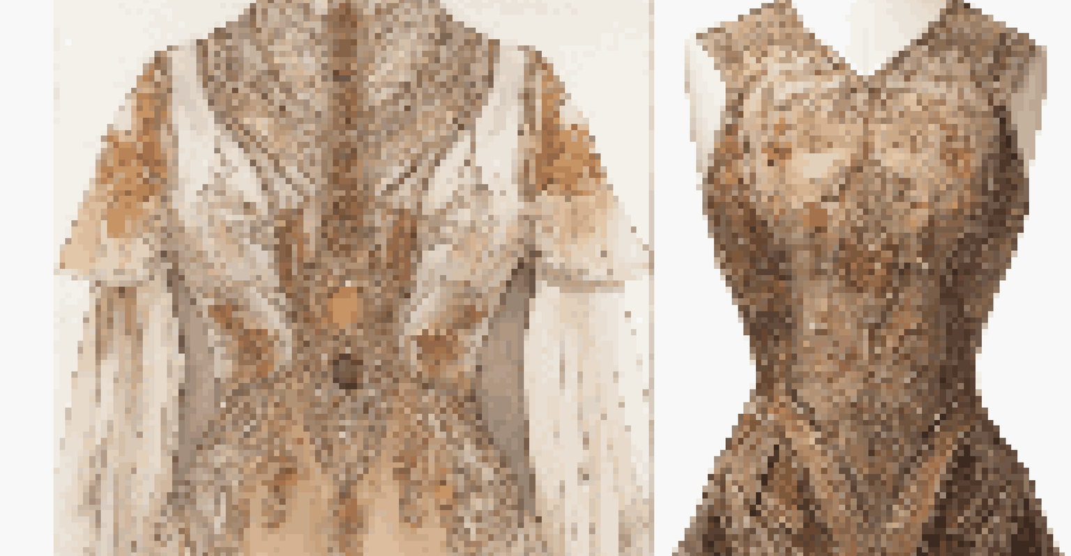 A detailed costume design on a mannequin in a studio, surrounded by fabric swatches and sketches.