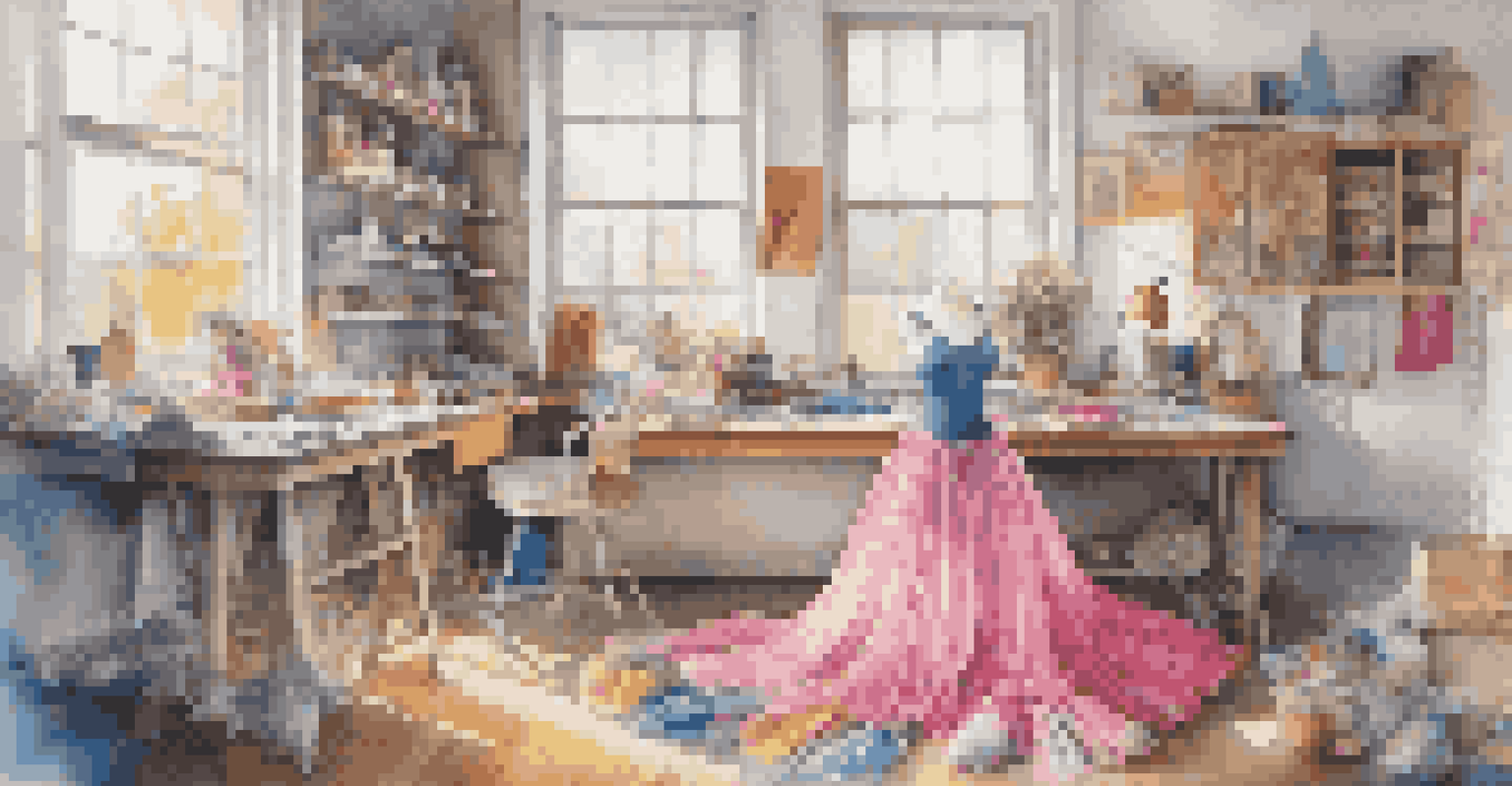 A designer upcycling an old tutu into a skirt, with colorful threads and sewing materials in a bright workspace.