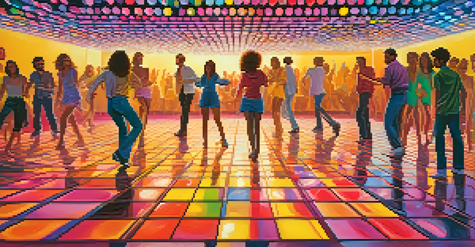 A lively disco scene with young adults dancing under disco balls and neon lights in the 1970s.