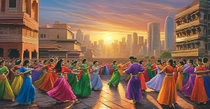 A lively traditional dance performance in an urban environment, with dancers in colorful outfits and a diverse audience, set against a backdrop of modern buildings during sunset.
