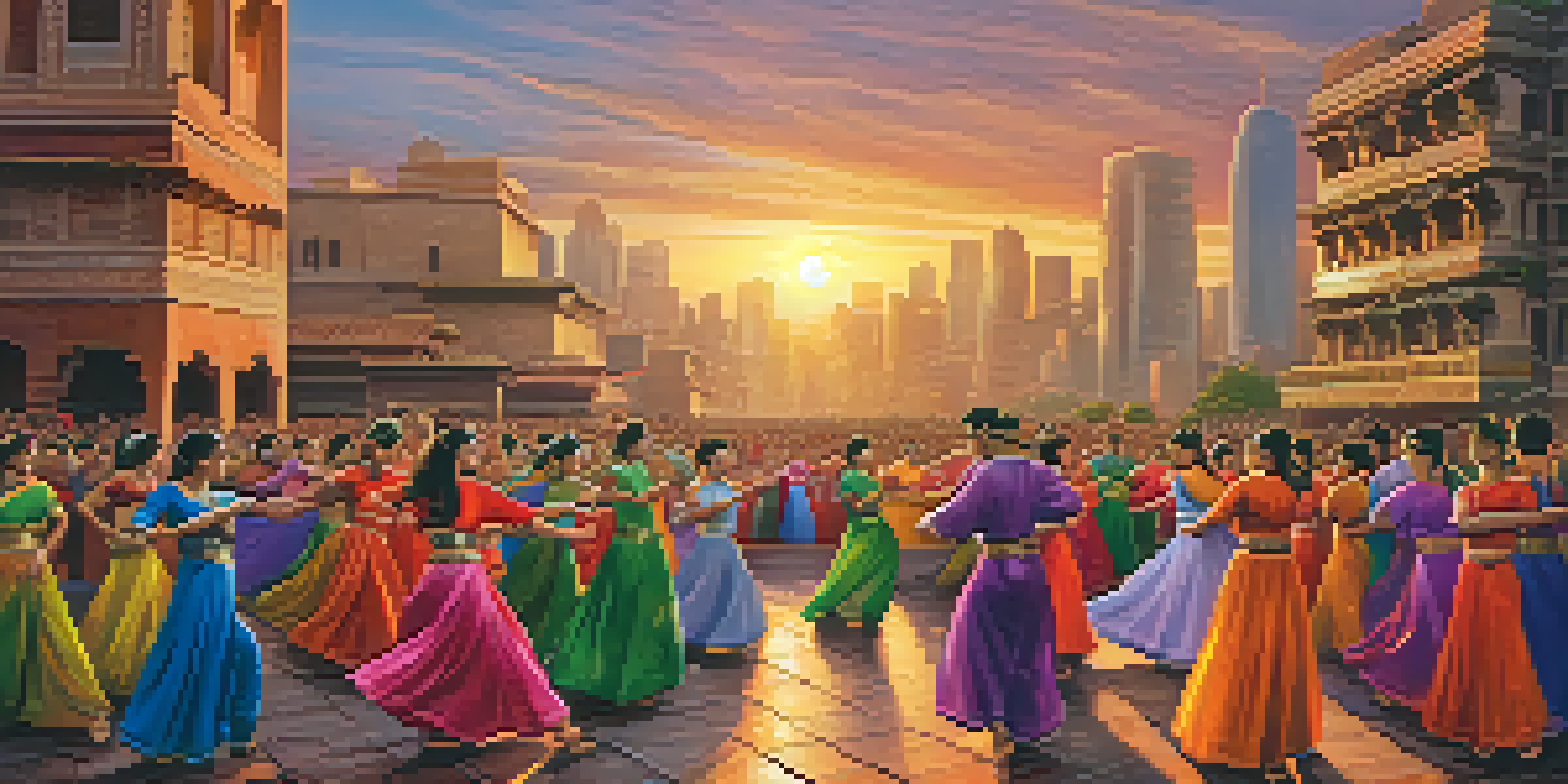 A lively traditional dance performance in an urban environment, with dancers in colorful outfits and a diverse audience, set against a backdrop of modern buildings during sunset.