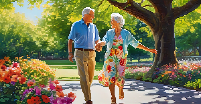 An elderly couple dances happily in a sunny park, surrounded by colorful flowers and greenery.