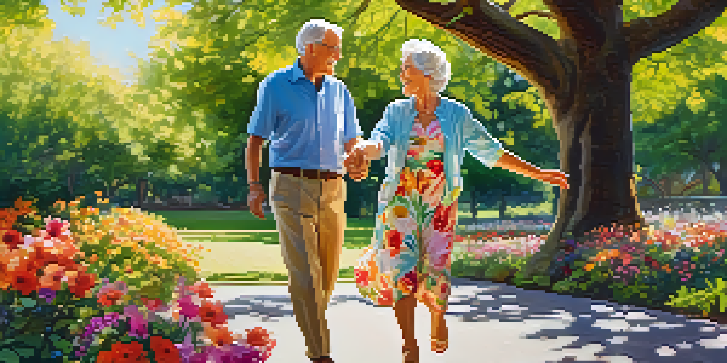 An elderly couple dances happily in a sunny park, surrounded by colorful flowers and greenery.