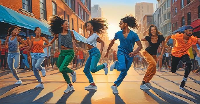 A group of diverse dancers performing together in an urban environment, showcasing vibrant movements and expressions of joy.