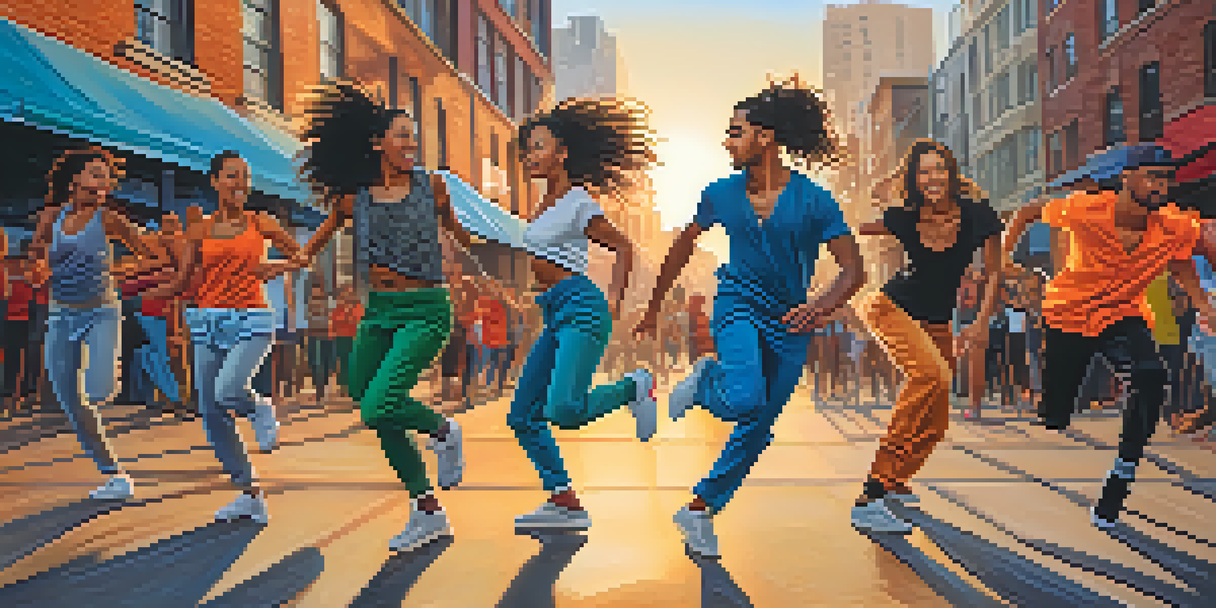 A group of diverse dancers performing together in an urban environment, showcasing vibrant movements and expressions of joy.