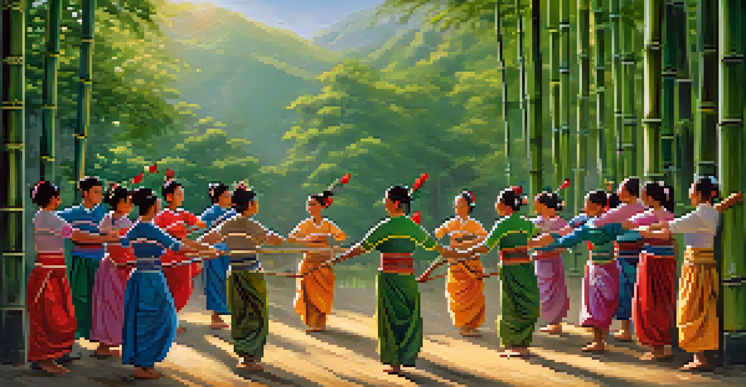 Participants performing Bamboo dance in traditional attire amidst lush greenery, with sunlight filtering through trees.