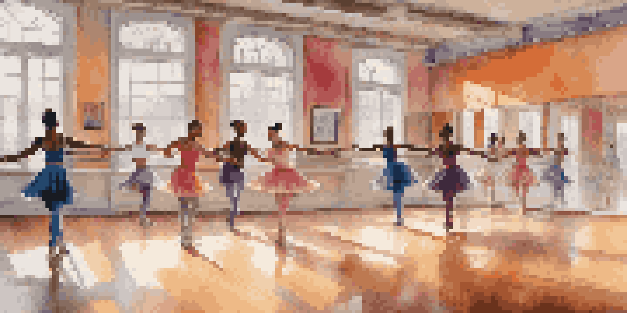 A diverse group of dancers practicing a fusion of hip-hop and classical ballet in a bright dance studio with large windows.