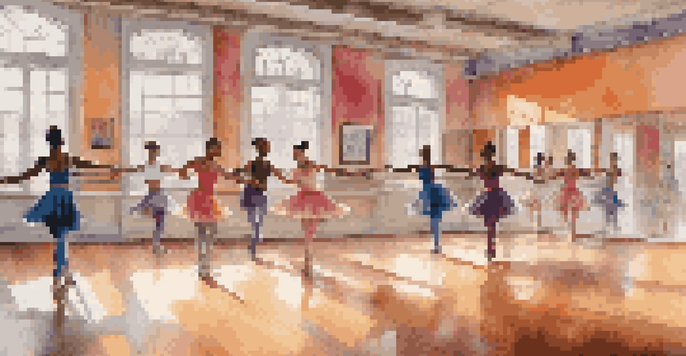 A diverse group of dancers practicing a fusion of hip-hop and classical ballet in a bright dance studio with large windows.