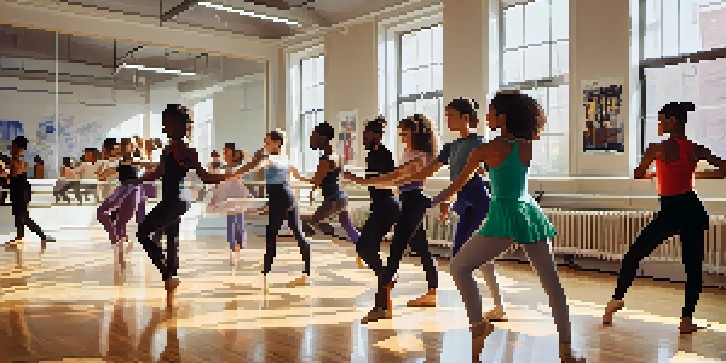 A lively dance studio where diverse students are working together on a choreography project, surrounded by colorful posters and bright natural light.