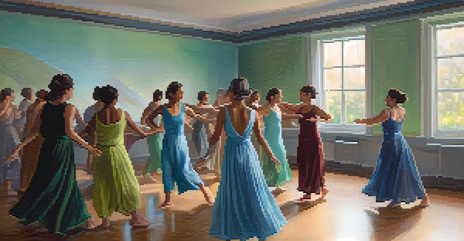 Participants in a dance therapy session, expressing healing and empowerment through movement in a softly lit room.