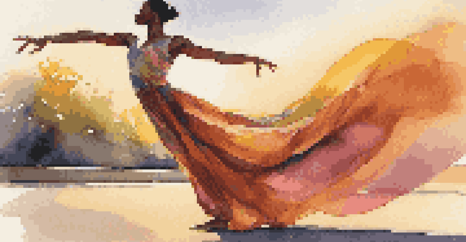 A contemporary dancer in a colorful outfit expressing emotion through fluid movements in an outdoor setting at sunset.