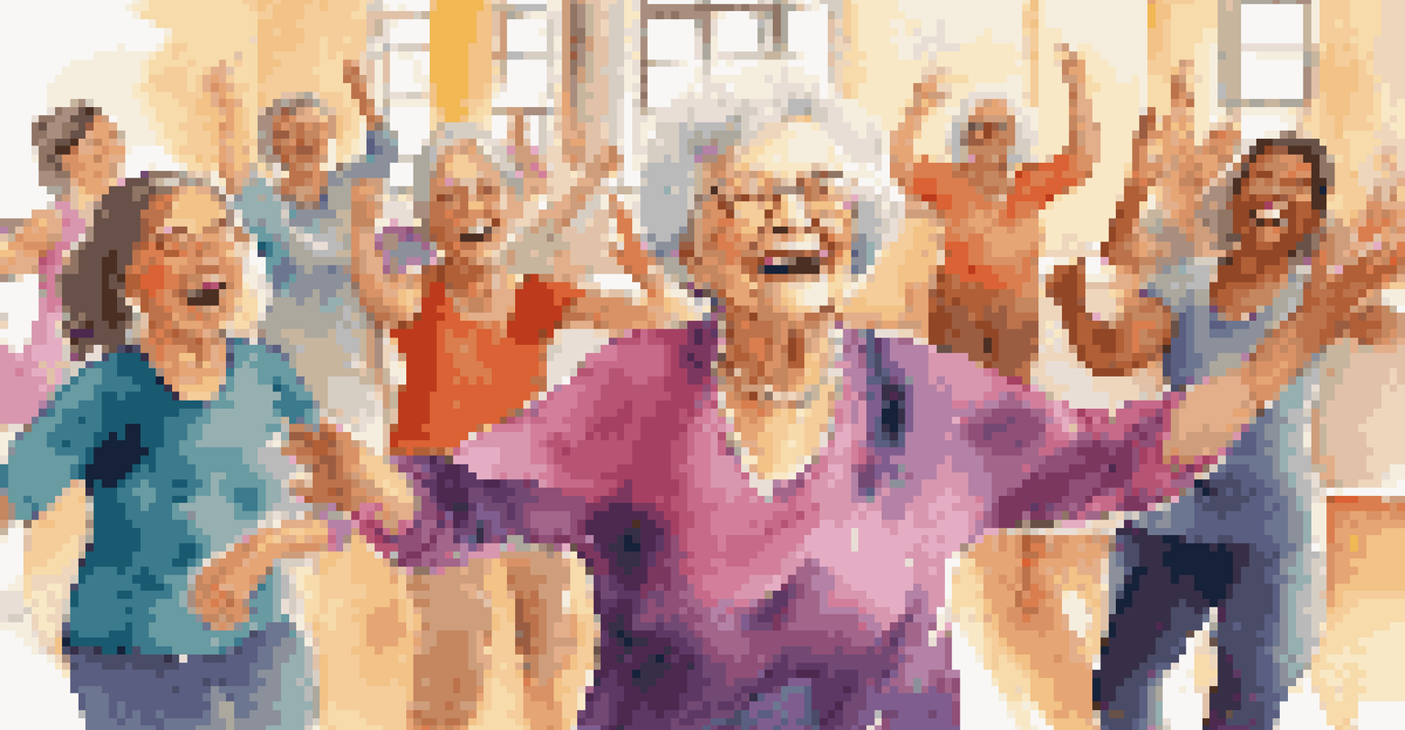 An elderly woman enjoying a dance movement therapy class, expressing joy and connection with colorful scarves.