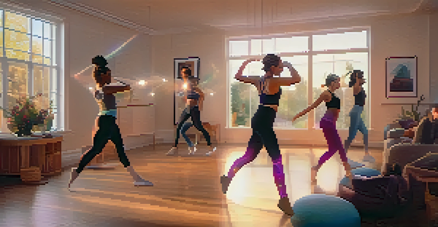 Students practicing dance moves in their living room with holographic dancers, illustrating augmented reality in dance education.