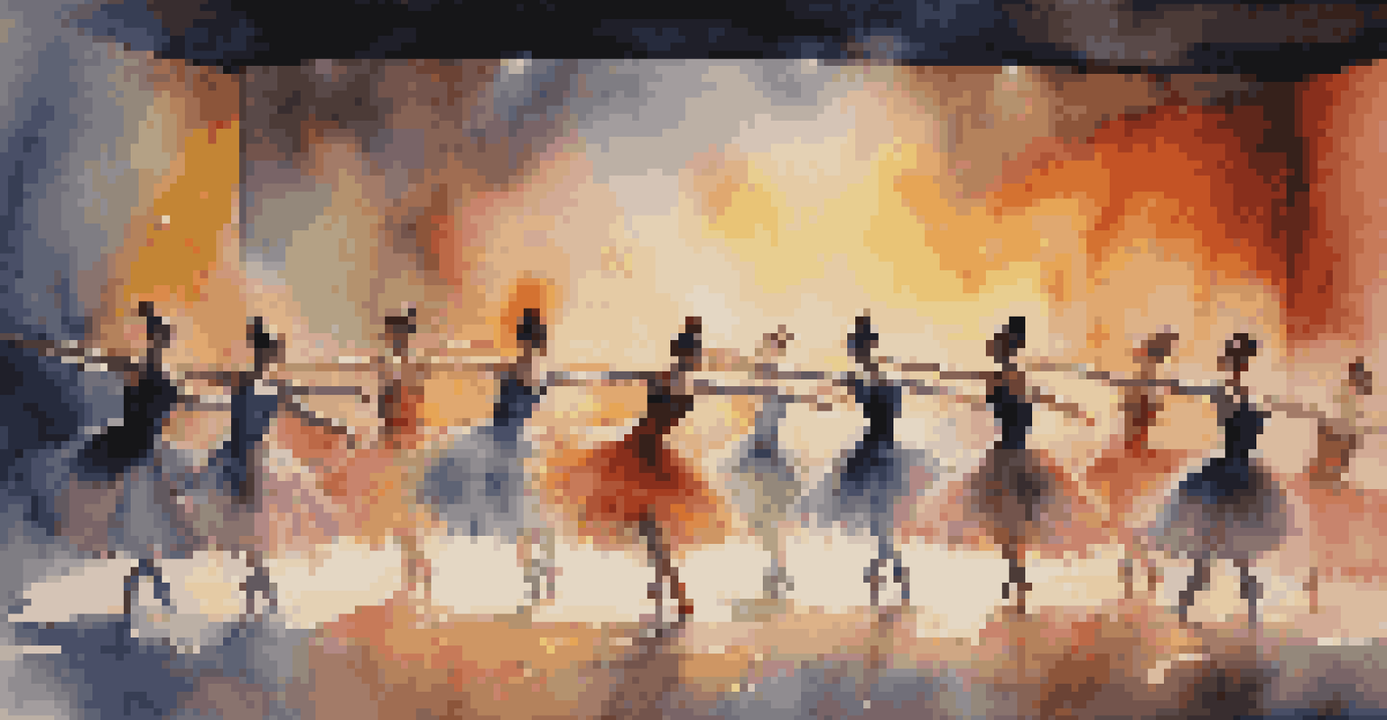 A group of ballet dancers in colorful costumes performing on stage with bright lighting against a dark background.