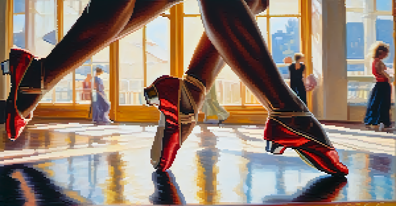 A close-up view of a dancer's colorful shoes in motion on a textured dance floor, with sunlight illuminating the scene.