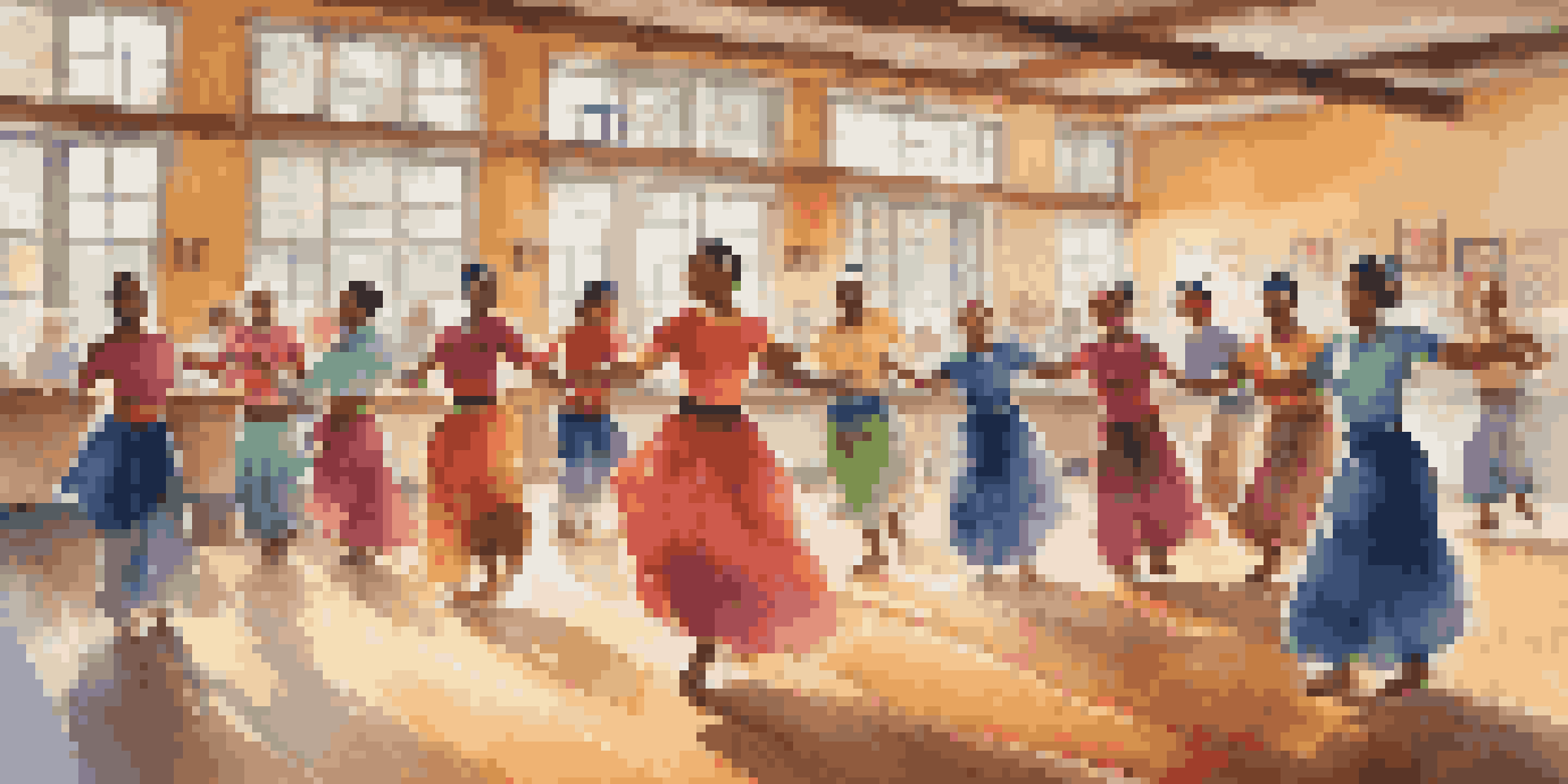 A diverse group of people of different ages participating in a folk dance workshop in a bright community center, showcasing lively expressions and colorful decorations.